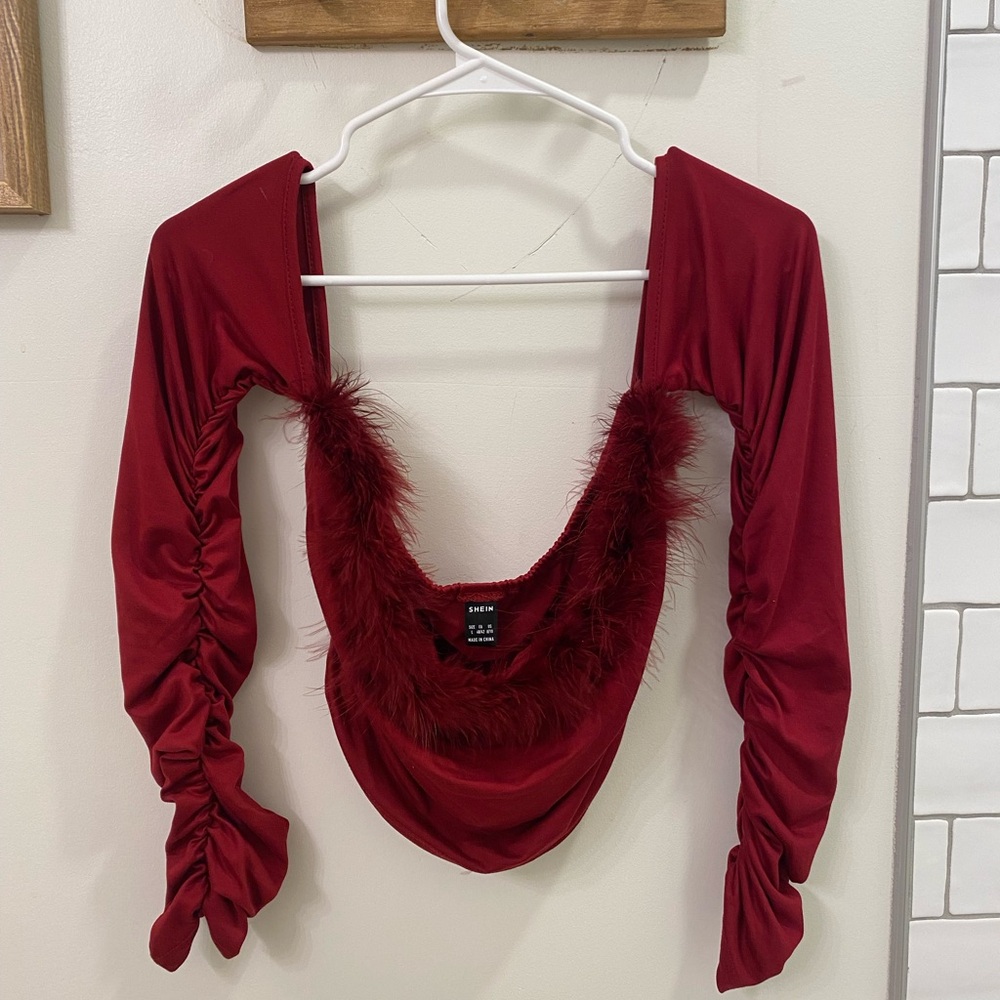 Off- Shoulder Elegant Red Ruched Top w/ Feathers